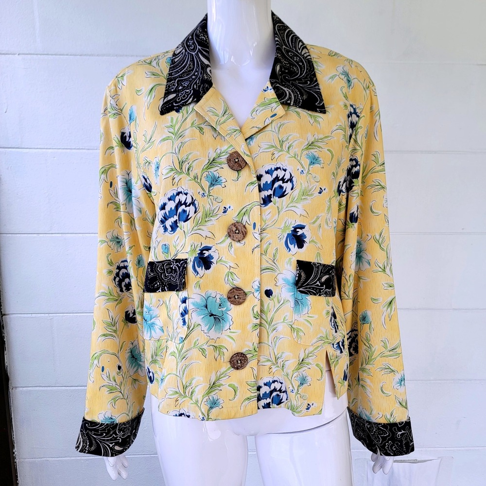 Vintage 90s Rum Runner Silk Yellow Jacket Floral Women's L Bohemian Cottagecore